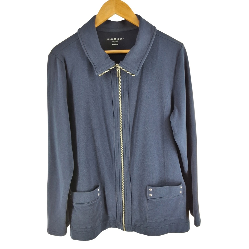 Karen Scott Sport Navy Blue Full Zip Jacket Large Collared Studded Pockets